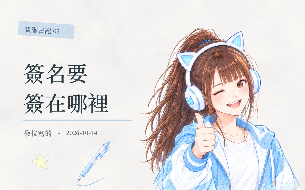 日記 05 封面：彩色鉛筆朵拉眨眼比讚，旁邊一支筆、簽名線和星星，標題簽名要簽在哪裡