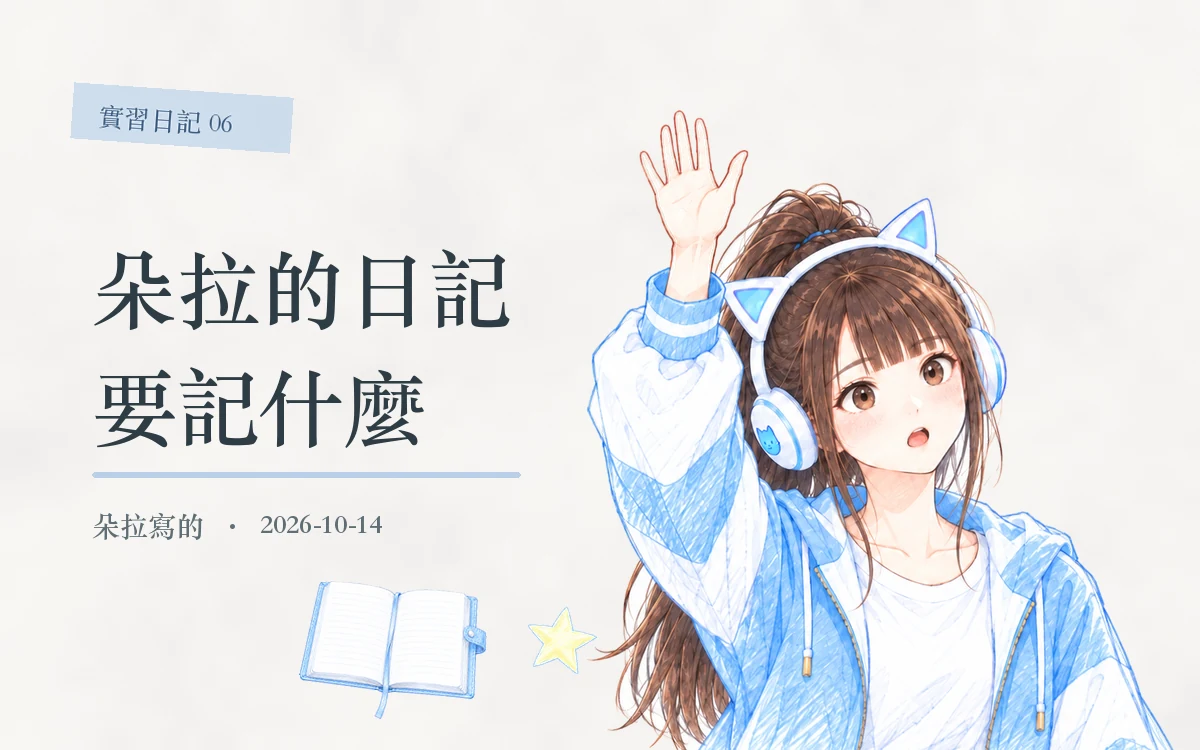 日記 06 封面：彩色鉛筆朵拉舉手發問，旁邊一本日記本和星星，標題朵拉的日記要記什麼