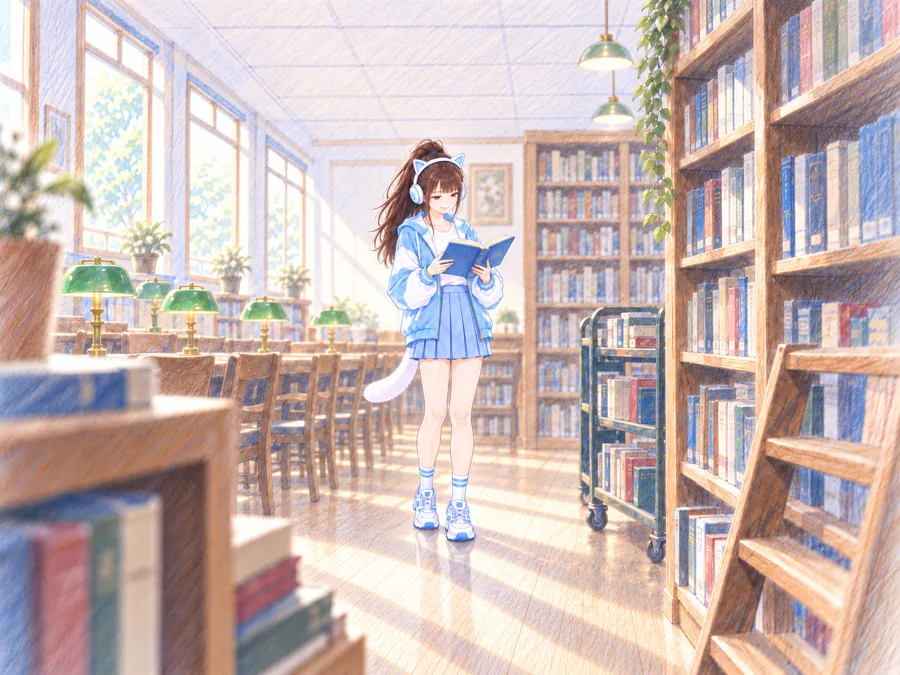 朵拉在圖書館的木頭書架前翻開一本書看，旁邊有借書推車和綠色檯燈