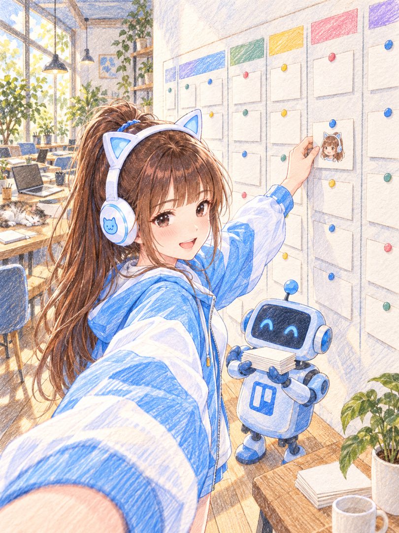 彩色鉛筆朵拉在看板前自拍，把自己的卡片貼上去，旁邊是 Trello 小機器人