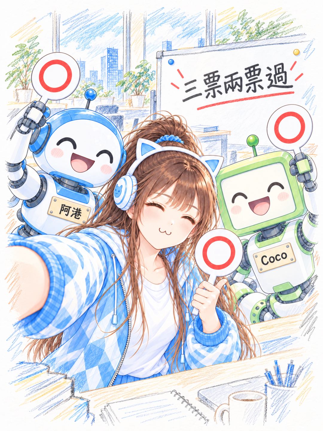 彩色鉛筆朵拉在辦公室自拍比讚,旁邊是名牌寫「阿港」的藍色圓頭小機器人和名牌寫「Coco」的綠色方頭小機器人,三個都舉著圓圈投票牌,白板寫「三票兩票過」