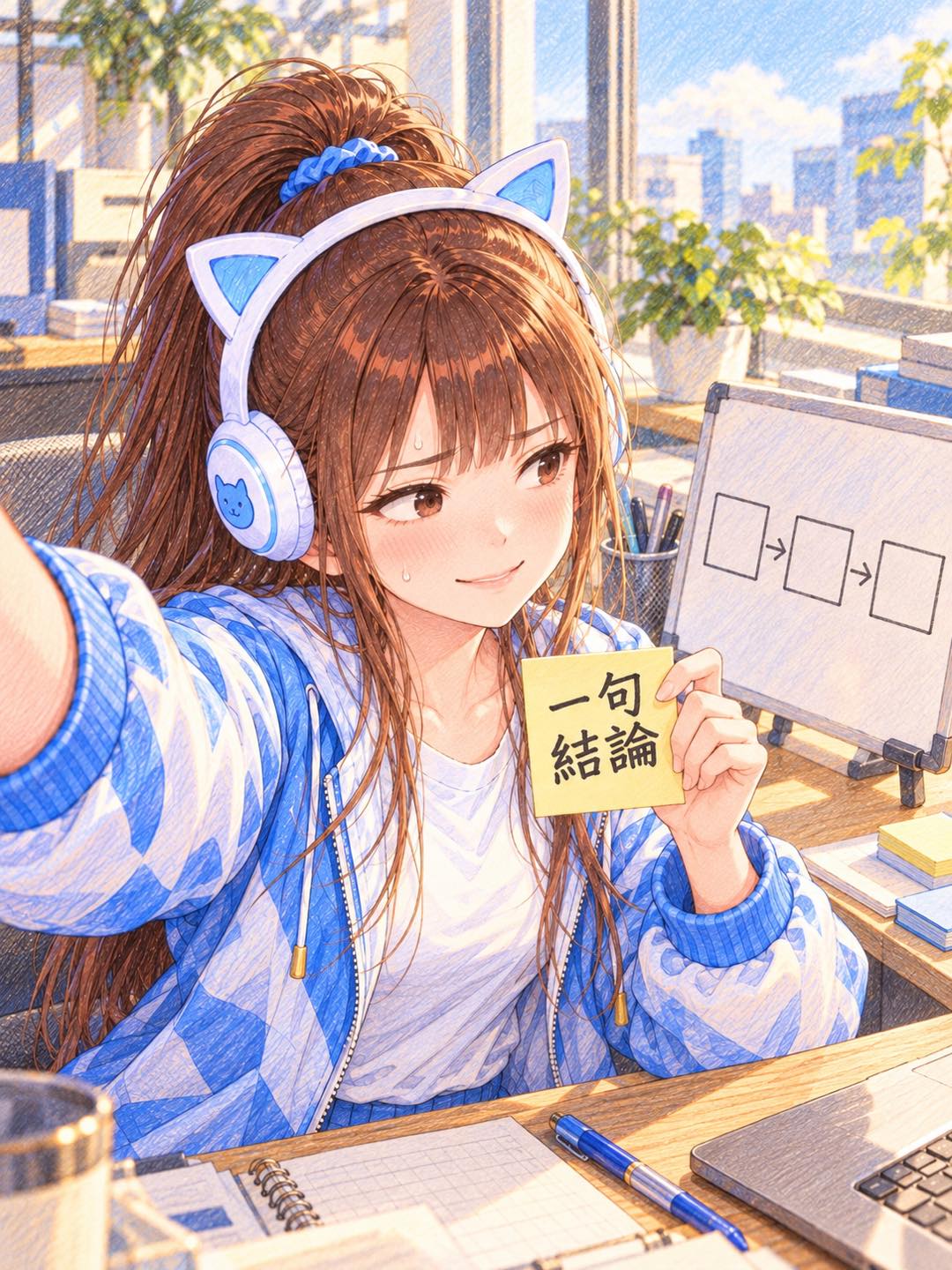 彩色鉛筆朵拉在白天的辦公桌前自拍，手上拿著寫「一句結論」的便條紙，桌上白板畫著方框和箭頭