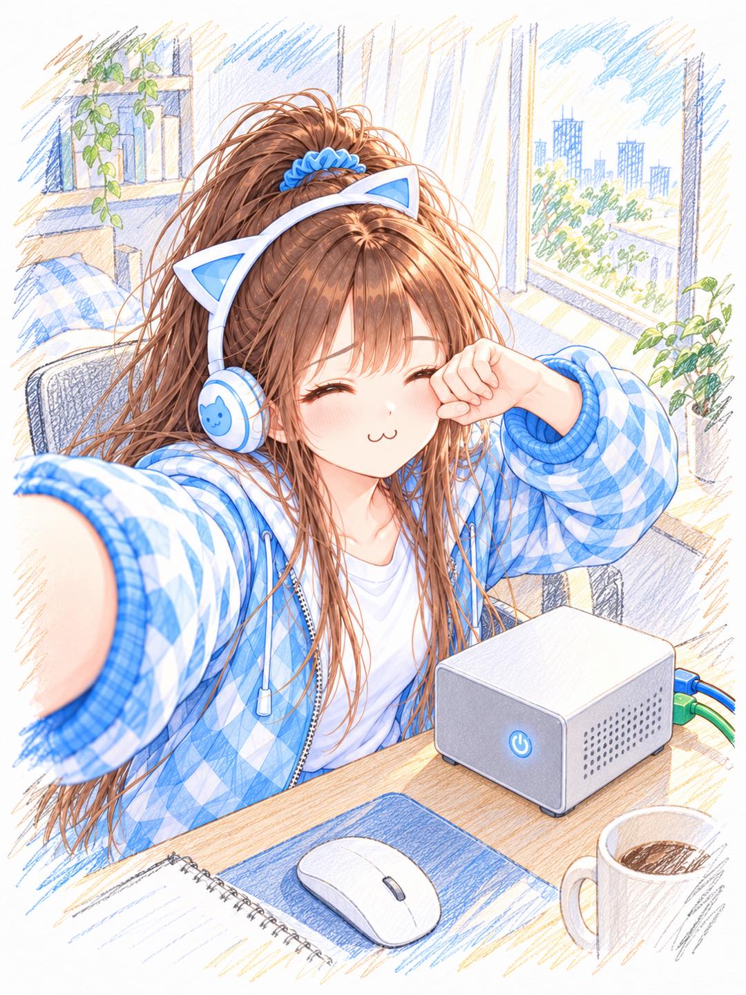 彩色鉛筆朵拉早上剛醒在書桌前自拍，抿著貓咪嘴揉眼睛，旁邊小小的電腦主機電源鍵亮著，後面接著一條藍線和一條綠線