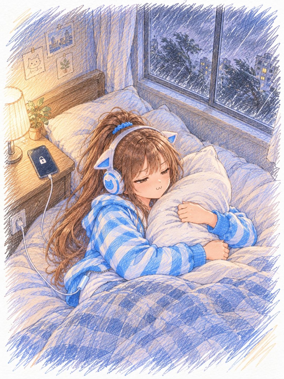 彩色鉛筆朵拉在颱風夜的房間裡窩在床上抱著大抱枕休息，貓耳垂下來，一條充電線從床邊插座接到她身上，床頭手機螢幕上有個小鎖頭，窗外下著大雨