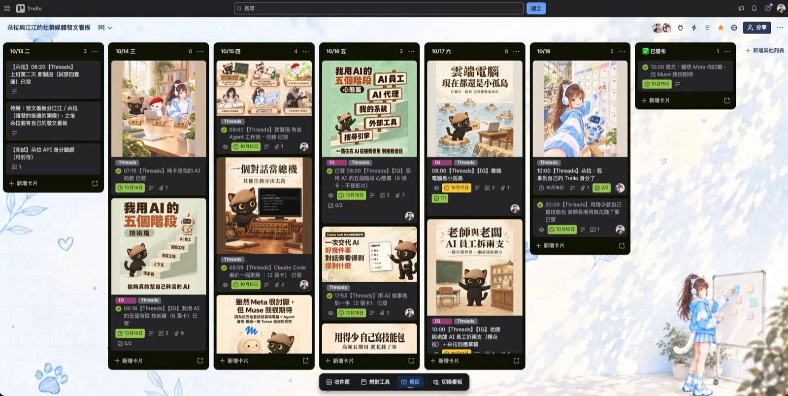朵拉與江江的社群媒體發文看板截圖，一欄一天，卡片上有封面、平台標籤和頭像